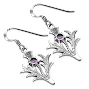 Large Thistle Silver Earrings w faceted Amethyst